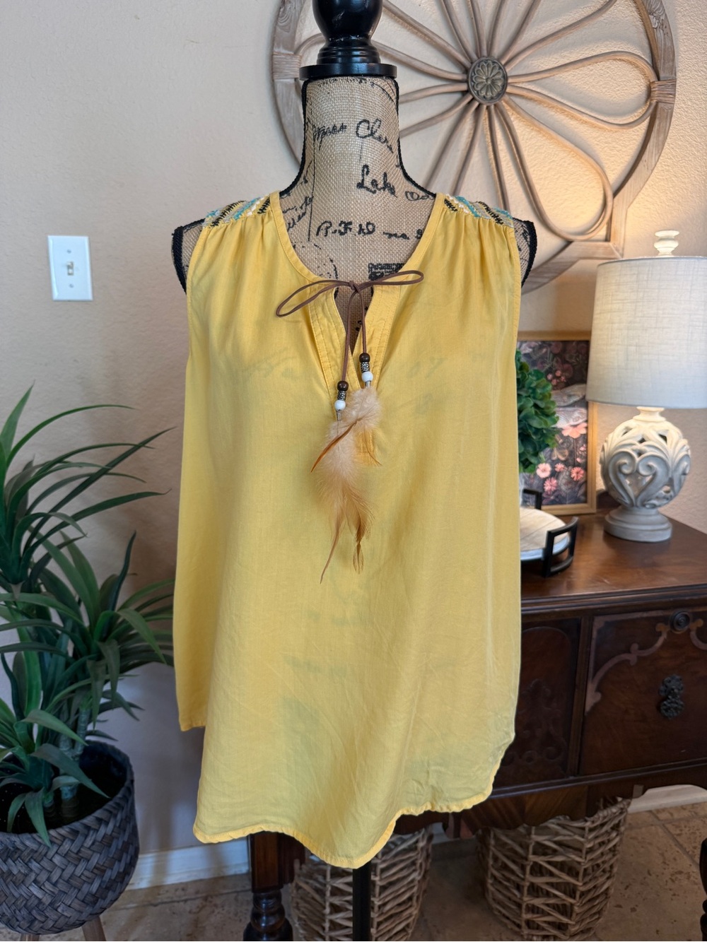 Ariat Yellow Sleeveless Tie-Front Top with Feather Tassel